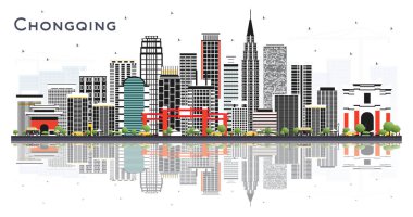 Chongqing China City Skyline ile Gri Binalar ve Yansımalar Beyaz 'a izole edildi. Vektör İllüstrasyonu. Modern Binalarla Turizm Konsepti. Tarihi İşaretli Chongqing Şehir Manzarası.