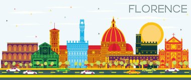 Florence Italy City Skyline Renkli Binalar ve Mavi Gökyüzü. Vektör İllüstrasyonu. Modern Mimariyle İş Seyahatleri ve Turizm Konsepti. Tarihi Simgelerle Floransa Şehri.