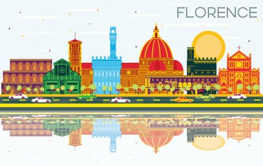 Florence Italy City Skyline Renkli Binalar, Mavi Gökyüzü ve Yansımaları. Vektör İllüstrasyonu. Modern Mimariyle İş Seyahatleri ve Turizm Konsepti. Tarihi Simgelerle Floransa Şehri.