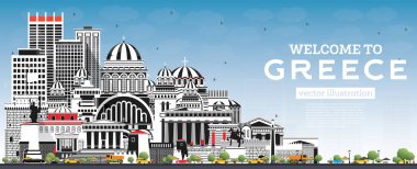 Gri Binalar ve Mavi Gökyüzü ile Yunanistan City Skyline 'a hoş geldiniz. Vektör İllüstrasyonu. Tarih Mimarisi kavramı. Tarihi Simgelerle Yunanistan Şehri. Atina. Selanik. Patras. Heraklion.