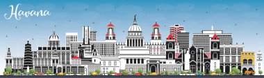 Havana Küba Şehri Renkli Binalar ve Mavi Gökyüzü ile Skyline. Vektör İllüstrasyonu. Tarihi ve Modern Mimariyle İş Seyahat ve Turizm Konsepti. Tarihi Simgelerle Havana Şehir Manzarası.