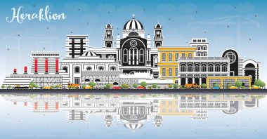 Heraklion Yunanistan Girit Şehri Renkli Binalar, Mavi Gökyüzü ve Yansımaları ile Skyline. Vektör İllüstrasyonu. Tarihi ve Modern Mimariyle Turizm Konsepti. Heraklion Şehir Manzarası.