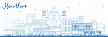 Heraklion Yunanistan Girit Şehri Mavi Binalı Skyline. Vektör İllüstrasyonu. Tarihi ve Modern Mimariyle Turizm Konsepti. Heraklion Şehir Manzarası.
