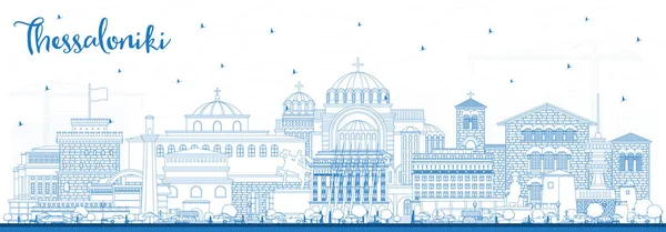Esquema Thessaloniki Grecia Ciudad Skyline Con Edificios Azules Ilustración Vectorial — Vector de stock