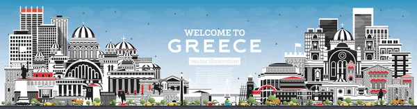 Welcome Greece City Skyline Gray Buildings Blue Sky Vector Illustration — Stock Vector