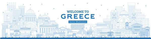 Outline Welcome to Greece City Skyline with Blue Buildings. Vector Illustration. Concept with Historic Architecture. Greece Cityscape with Landmarks. Athens. Thessaloniki. Patras. Heraklion.