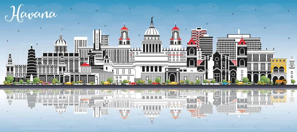 Skyline Havana Cuba City Kolorowymi Budynkami Niebieskim Niebem Refleksjami Ilustracja — Wektor stockowy