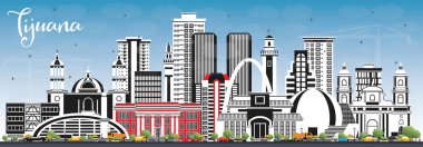 Renkli Binalar ve Mavi Gökyüzü ile Tijuana Mexico City Skyline. Vektör İllüstrasyonu. Tarihi ve Modern Mimariyle Turizm Konsepti. Tarihi Simgeli Tijuana Şehir Manzarası.