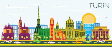 Renkli Binalar ve Mavi Gökyüzü ile Torino İtalya City Skyline. Vektör İllüstrasyonu. Modern Mimariyle İş Seyahatleri ve Turizm Konsepti. Tarihi Simgeli Torino Şehri.