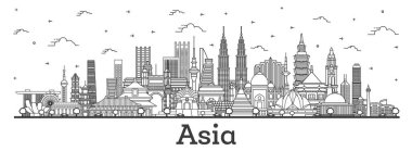 Asya manzarası. Asya 'nın ünlü simgelerinin ana hatları. Vektör İllüstrasyonu. İş Seyahat ve Turizm Konsepti. Delhi mi? Pekin 'de. Jakarta. Mumbai.