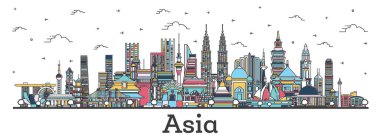 Asya manzarası. Asya 'daki Renkli Ünlü Simgeleri özetleyin. Vektör İllüstrasyonu. İş Seyahat ve Turizm Konsepti. Delhi mi? Pekin 'de. Jakarta. Mumbai.