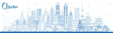Blue Buildings ile China City Skyline 'ın ana hatlarını çiz. Çin 'in ünlü simgeleri. Vektör İllüstrasyonu. Modern Mimariyle İş Seyahatleri ve Turizm Konsepti. Tarihi yerleri olan Çin Şehir Manzarası.