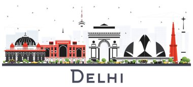 Beyaz Arkaplan 'da izole edilmiş renkli binaları olan Delhi India City Skyline. Vektör İllüstrasyonu. Tarihi Mimariyle İş Seyahati ve Turizm Konsepti. Tarihi Simgelerle Delhi Şehir Manzarası.