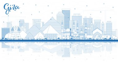 Mavi Binalar ve Yansımalarla Giza Mısır Şehri 'nin ana hatlarını çiz. Vektör İllüstrasyonu. Tarihi Mimariyle İş Seyahati ve Turizm Konsepti. Ünlü Simgeli Giza Şehir Manzarası.