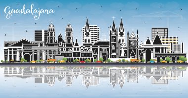 Guadalajara Mexico City Skyline Renkli Binalar, Mavi Gök ve Yansımalar. Vektör İllüstrasyonu. Tarihi ve Modern Mimariyle Turizm Konsepti. Tarihi İşaretli Guadalajara Şehir Manzarası.