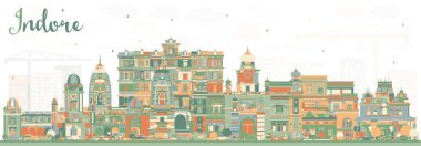 Indore India City Skyline ve Color Buildings. Vektör İllüstrasyonu. Tarihi ve Modern Mimariyle İş Seyahat ve Turizm Konsepti. Tarihi Simgeli Indore Şehir Manzarası.