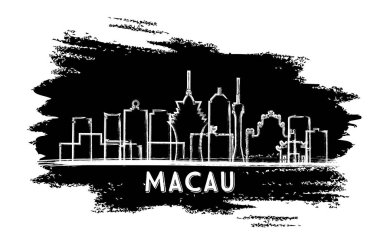 Macau China City Skyline silueti. El çizimi çizimi. Tarihi Mimariyle İş Seyahati ve Turizm Konsepti. Vektör İllüstrasyonu. Tarihi Simgeli Macau Şehir Manzarası