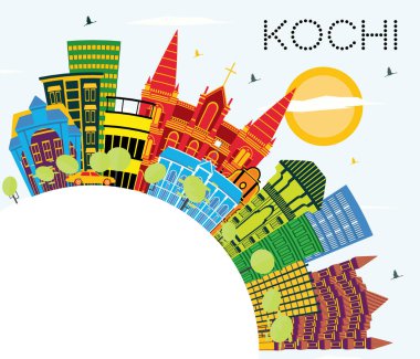 Kochi India City Skyline Renkli Binalar, Mavi Gökyüzü ve Kopyalama Uzayı. Vektör İllüstrasyonu. Tarihi Mimariyle İş Seyahati ve Turizm Konsepti. Simgeli Kochi Şehir Manzarası.