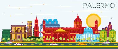 Renkli Binalar ve Mavi Gökyüzü ile Palermo İtalya City Skyline. Vektör İllüstrasyonu. Tarihi Mimariyle İş Seyahati ve Turizm Konsepti. Palermo Sicilya Şehir Manzarası.
