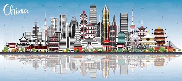 China City Skyline Avec Bâtiments Gris Ciel Bleu Reflets Repères — Image vectorielle