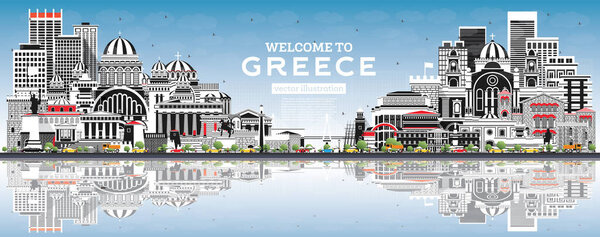 Welcome to Greece City Skyline with Gray Buildings, Blue Sky and Reflections. Vector Illustration. Historic Architecture. Greece Cityscape with Landmarks. Athens. Thessaloniki. Patras. Heraklion.