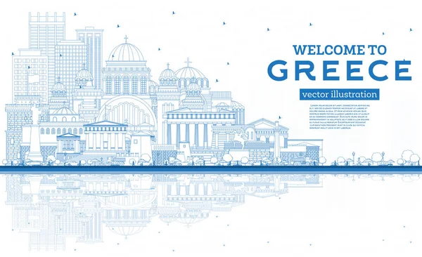 Esquema Bienvenido Grecia City Skyline Con Edificios Azules Reflexiones Ilustración — Vector de stock