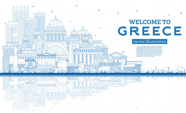 Outline Welcome to Greece City Skyline with Blue Buildings and Reflections. Vector Illustration. Historic Architecture. Greece Cityscape with Landmarks. Athens. Thessaloniki. Patras. Heraklion.