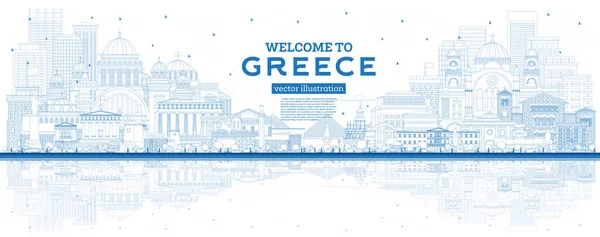 Esquema Bienvenido Grecia City Skyline Con Edificios Azules Reflexiones Ilustración — Vector de stock