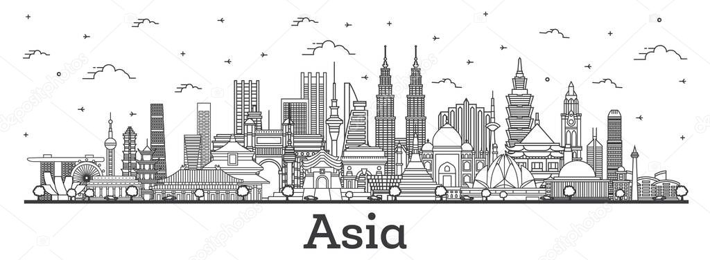 Asian Landscape. Outline Famous Landmarks in Asia. Vector Illustration. Business Travel and Tourism Concept. Delhi. Beijing. Jakarta. Mumbai.