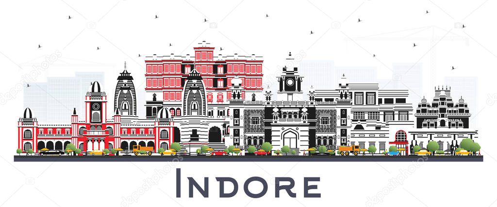 Indore India City Skyline with Gray Buildings Isolated on White. Vector Illustration. Business Travel and Tourism Concept with Historic and Modern Architecture. Indore Cityscape with Landmarks.