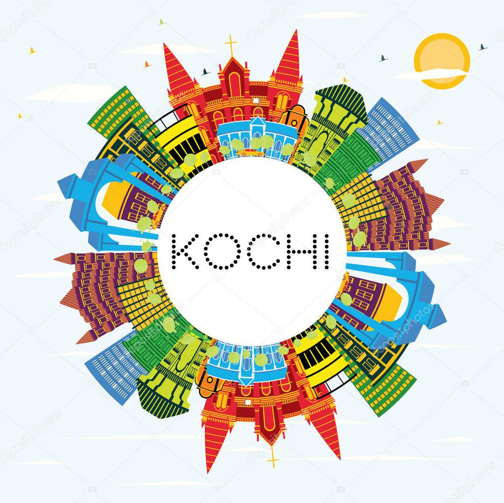 Kochi India City Skyline with Color Buildings, Blue Sky and Copy Space. Vector Illustration. Business Travel and Tourism Concept with Historic Architecture. Kochi Cityscape with Landmarks.
