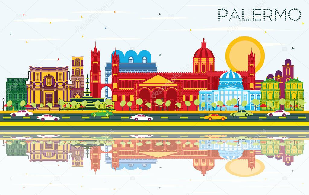 Palermo Italy City Skyline with Color Buildings, Blue Sky and Reflections. Vector Illustration. Business Travel and Tourism Concept with Historic Architecture. Palermo Sicily Cityscape with Landmarks.