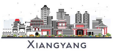 Xiangyang China City Skyline ve White 'da izole edilmiş renkli binalar. Vektör İllüstrasyonu. Tarihi ve Modern Mimariyle İş Seyahat ve Turizm Konsepti. Simgeli Xiangyang Şehri.