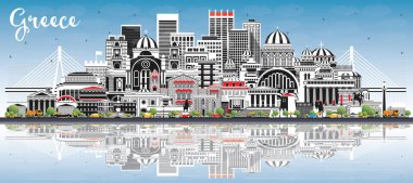 Gri Binalar, Mavi Gökyüzü ve Yansımaları ile Yunanistan City Skyline 'a hoş geldiniz. Vektör İllüstrasyonu. Tarihsel Mimarlık. Tarihi Simgelerle Yunanistan Şehri. Atina. Selanik. Patras. Heraklion.