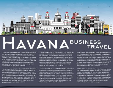 Havana Küba Şehri Renkli Binalar, Mavi Gökyüzü ve Kopya Uzayı ile Skyline. Vektör İllüstrasyonu. Tarihi ve Modern Mimariyle Turizm Konsepti. Tarihi Simgelerle Havana Şehir Manzarası.