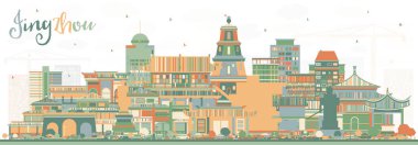 Jingzhou China City Skyline ve Renkli Binalar. Vektör İllüstrasyonu. Tarihi ve Modern Mimariyle İş Seyahat ve Turizm Konsepti. Simgeli Jingzhou Şehir Manzarası.