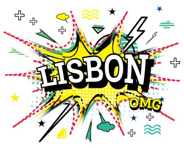 Beyaz arka planda izole edilmiş, Pop Art tarzında Lizbon çizgi romanı. Vektör İllüstrasyonu.