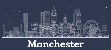Manchester UK City Skyline ve White Buildings 'in ana hatları. Vektör İllüstrasyonu. Modern Mimariyle İş Seyahatleri ve Turizm Konsepti. Tarihi Simgeli Manchester Şehri.