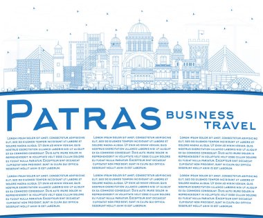 Ana hatlarıyla Yunanistan City Skyline ve Blue Buildings ve Copy Space. Vektör İllüstrasyonu. Tarihi ve Modern Mimariyle Seyahat ve Turizm Konsepti. Tarihi Simgeli Patras Şehir Manzarası.