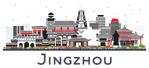 Jingzhou China City Skyline Avec Des Bâtiments Couleur Isolés Sur — Image vectorielle