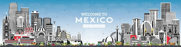 Bienvenido México City Skyline Con Edificios Grises Cielo Azul Ilustración — Vector de stock