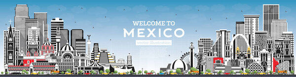 Welcome to Mexico City Skyline with Gray Buildings and Blue Sky. Vector Illustration. Concept with Historic Architecture. Mexico Cityscape with Landmarks. Puebla. Mexico. Tijuana. Guadalajara.