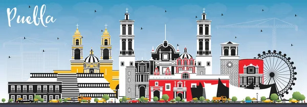 Puebla Ciudad México Skyline Con Edificios Color Cielo Azul Ilustración — Vector de stock
