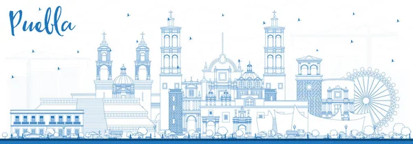 Esboço Puebla Cidade México Skyline Com Edifícios Azuis Ilustração Vetorial — Vetor de Stock