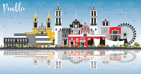 普埃布拉墨西哥城天际线与色彩建筑 蓝天和反光 病媒说明 具有历史和现代建筑的旅游概念 普埃布拉市具有地标的景观 — 图库矢量图片
