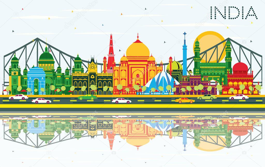 India City Skyline with Color Buildings, Blue Sky and Reflections. Delhi. Hyderabad. Kolkata. Vector Illustration. Travel and Tourism Concept with Historic Architecture. India Cityscape with Landmarks