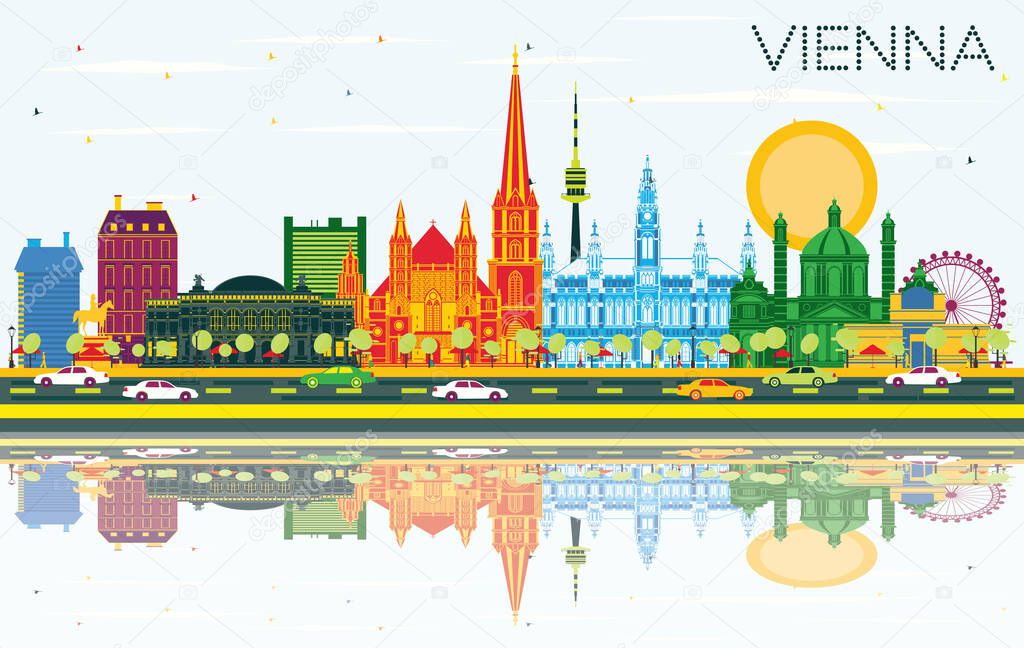 Vienna Austria City Skyline with Color Buildings, Blue Sky and Reflections. Vector Illustration. Business Travel and Tourism Concept with Historic Architecture. Vienna Cityscape with Landmarks.