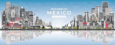 Gri Binalar, Mavi Gökyüzü ve Yansımaları ile Mexico City Skyline 'a hoş geldiniz. Vektör İllüstrasyonu. Tarihsel Mimarlık. Meksiko Şehri 'nin simgeleri. Puebla. Meksika mı? Tijuana. Guadalajara.