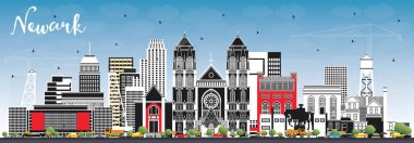 Renkli Binalar ve Mavi Gökyüzü ile Newark New Jersey City Skyline. Vektör İllüstrasyonu. Tarihi Simgeli Newark Şehir Manzarası. Modern Mimariyle İş Seyahati ve Turizm Konsepti.