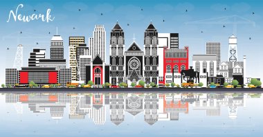 Renkli Binalar, Mavi Gökyüzü ve Yansımaları ile Newark New Jersey City Skyline. Vektör İllüstrasyonu. Tarihi Simgeli Newark Şehir Manzarası. Modern Mimariyle İş Seyahati ve Turizm Konsepti.